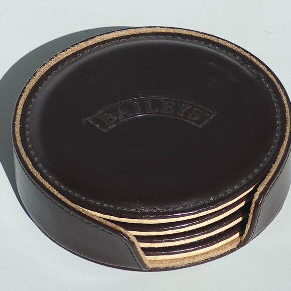 RETRO BAILEYS Irish Cream Coaster Set of 4 in Coaster Caddy Pleather and Cork - Picture 1 of 5